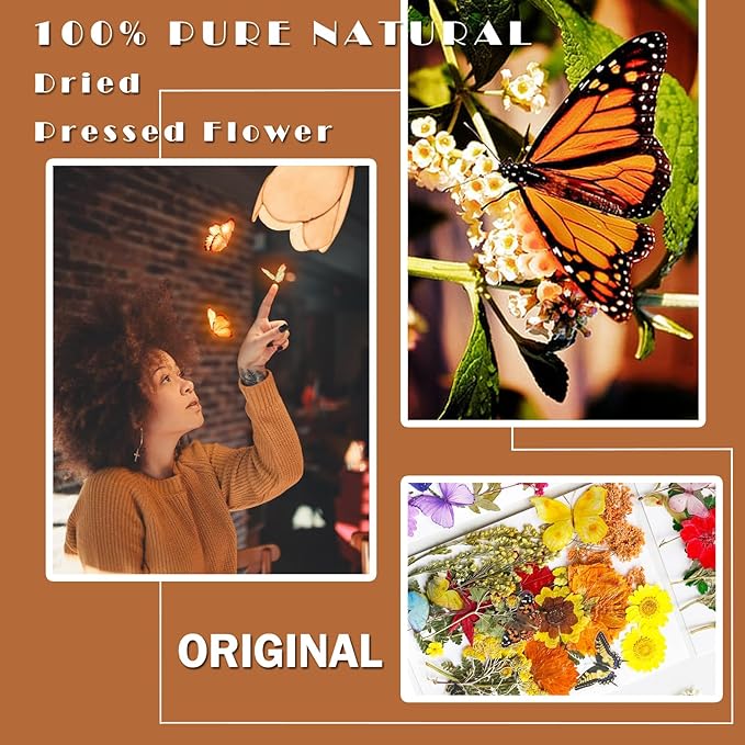 103Pcs Dried Pressed Flowers with Butterfly Stickers for Resin Molds, Real Natural Bulk Dry Floral Leave for DIY Art Crafts, Epoxy Jewelry, Candle, Soap Making, Nails Decors