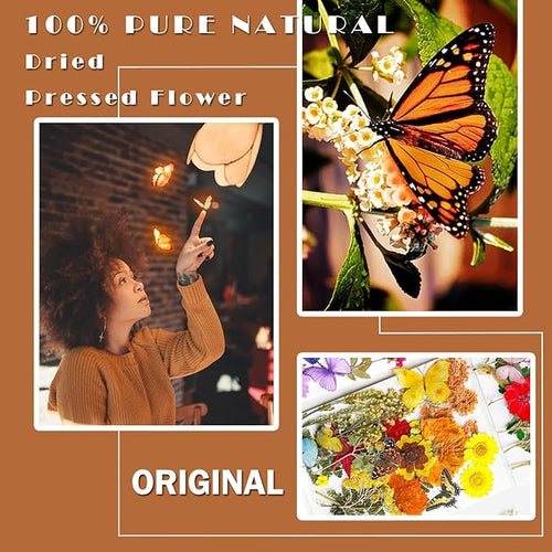 103Pcs Dried Pressed Flowers with Butterfly Stickers for Resin Molds, Real Natural Bulk Dry Floral Leave for DIY Art Crafts, Epoxy Jewelry, Candle, Soap Making, Nails Decors
