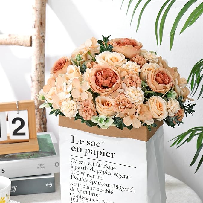 2 Bundles Champagne Peonies Artificial Flowers Silk Flower Centerpieces for Tables Fake Flower Arrangements Mixed Roses Hydrangea with Stems for Wedding Bridal Bouquets Home Table Decor