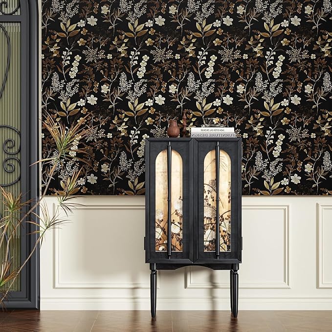 Vintage Leaf Wallpaper Peel and Stick Gold Leaf Contact Paper 17.4" x 393" Black Floral Waterproof Self-Adhesive Wall Covering for Bedroom Countertop Desk Cabinets