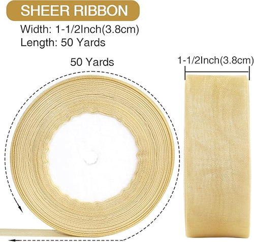 1-1/2 Inch x 50 Yards Sheer Organza Ribbon Chiffon Ribbon for Gift Wedding Flower Bouquet Wrapping Decorations Crafts (Champagne)