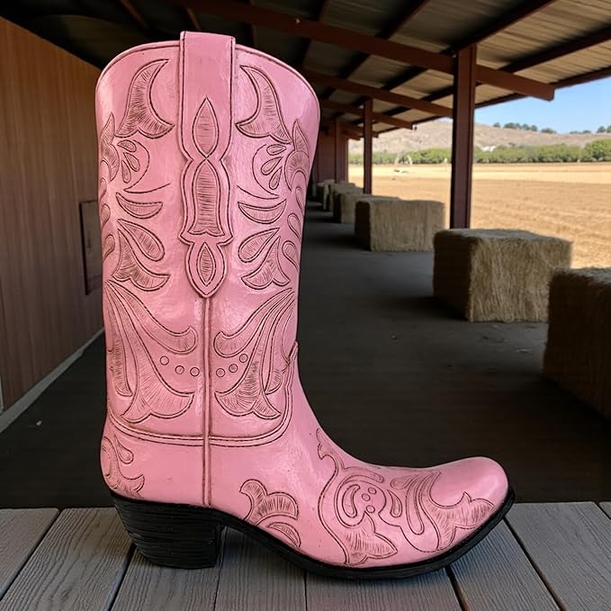 Top Brass Pink Cowboy Boot Vase – Tooled Leather Look Western Decor for Flowers/Stand Alone Accent – Resin Cowgirl Planter with Intricate Design & Protective Pads – Rustic Country Home Art, 10” Tall