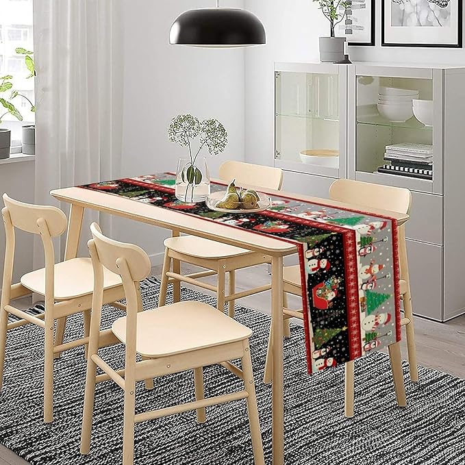 Christmas Table Runner,Cartoon Snowman Tree Xmas Deer Elk Santa Claus Print Tablecloth Burlap for Hotel Indoors Outdoor Dining Room Kitchen Home Decor,W13X L36 in