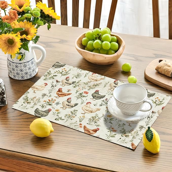 Farmhouse Rooster Placemats Set of 6, Rustic Chicken Place Mats, Country Flowers Dining Table Mats, Washable Placemats for Kitchen Dining Room Home Decor 18L'' × 12W''
