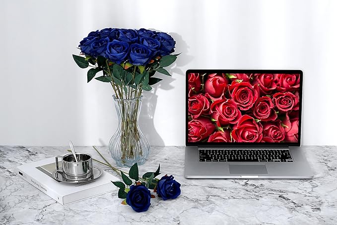 SITUMEIZI 15PCS Blue Artificial Roses Silk Flowers Fake Roses Realistic Bouquet Long Stem with Gift Box for Mother's Gift Day Home Party Wedding Decorations