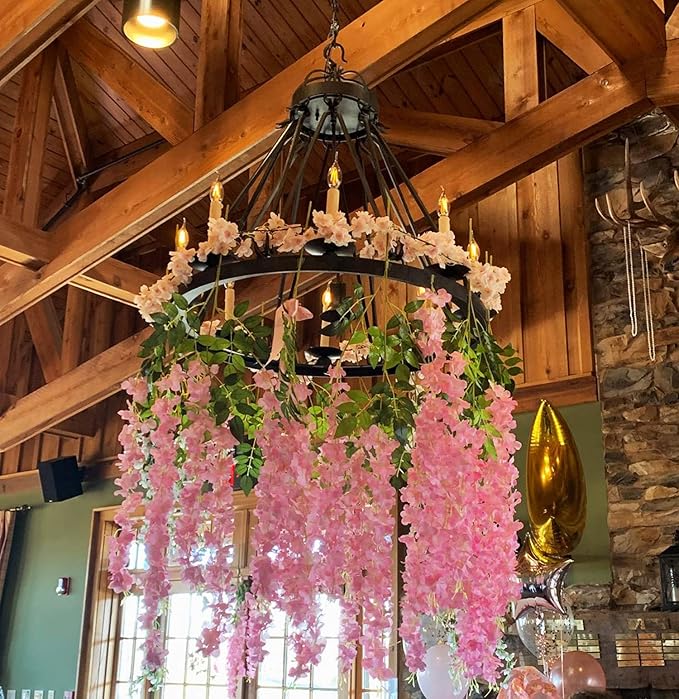 Artificial Wisteria Hanging Flowers Fake Wisteria Flower Garland Silk Vines Rattan Decor for Home Wedding Arch Wall Garden Greenery Bedroom Outdoor Office Party Decoration(24, Dark Pink)