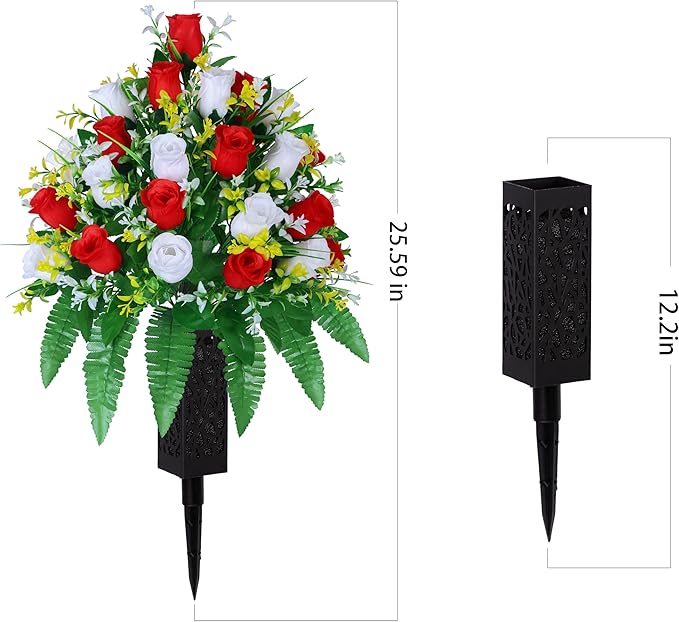 Artificial Cemetery Flowers, Gravesite Decoration Roses, Memorial Bouquets with Cemetery Vase, Vibrant and Long-Lasting Colors (Red + White, 2 Bundles)
