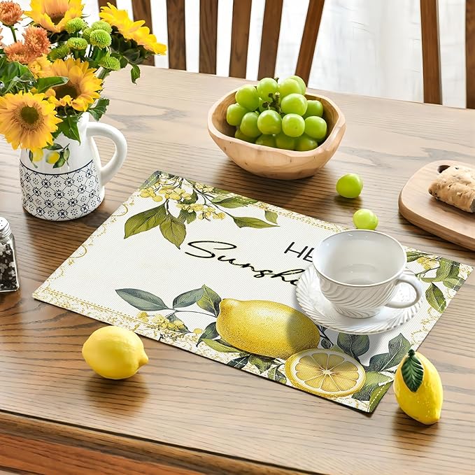 Lemon Iris Summer Placemats Set of 4, Rustic Fruit Place Mats, Country Hello Sunshine Dining Table Mats, Washable Placemats for Kitchen Dining Room Home Decor 18L'' × 12W''