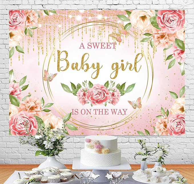 Sensfun Pink Floral Baby Girl Baby Shower Backdrop Banner Decorations Glitter Gold It's a Sweet Girl Banner Sign Photography Background for Girls Baby Shower Party Supplies Photo Booth Props 7x5ft