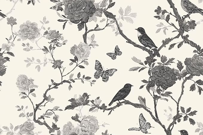 Vintage Peel and Stick Floral Bird Contact Paper Butterfly Removable Botanical Leaf Tree Wallpaper 17.7" x 118.11" Wall Paper Sketch Self Adhesive for Classroom Bedroom Laundry Room Bathroom