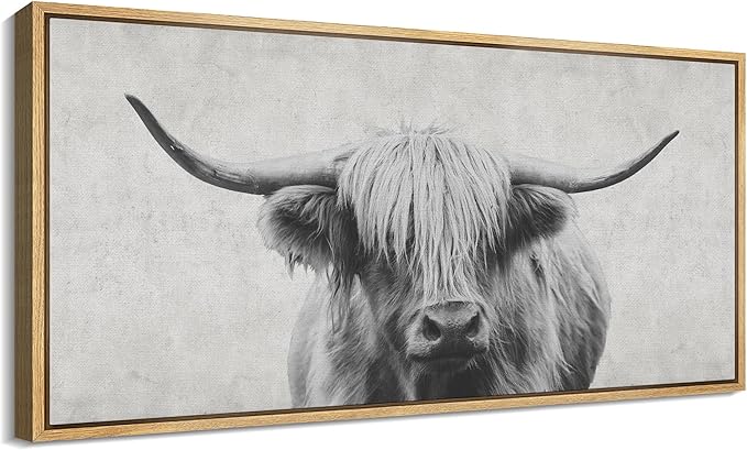 SIGNFORD Extra Large Framed Canvas Print Wall Art Highland Gentleman Portrait of a Highland Cow Illustrations Modern Art Relax/Calm Warm for Living Room, Bedroom, Office - 60"x30"