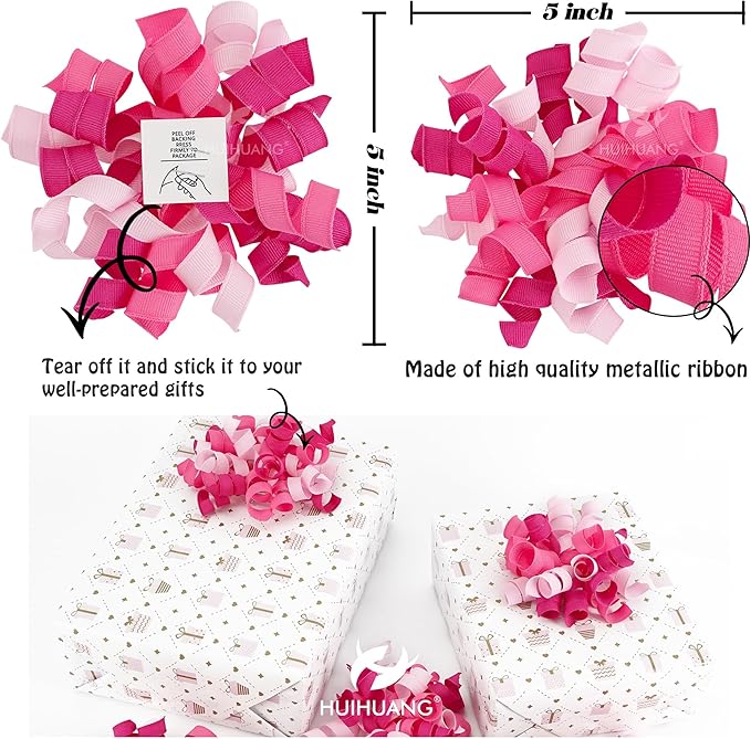 HUIHUANG Pink Bows for Gift Wrapping Self Adhesive Curly Gift Bows Fushcia/Pink/Hot Pink Bows for Presents, Birthday, Wedding Baby Shower Party Favors, Treat Bags- 6 Counts