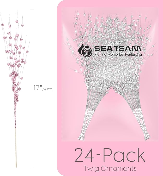 Sea Team 24-Pack Artificial Glitter Berry Stem Ornaments, Decorative Bead Sticks, Glittery Twigs, Picks, Branches for Christmas Tree, Small Vase, Holiday, Wedding, Party (17 Inches, Pink)