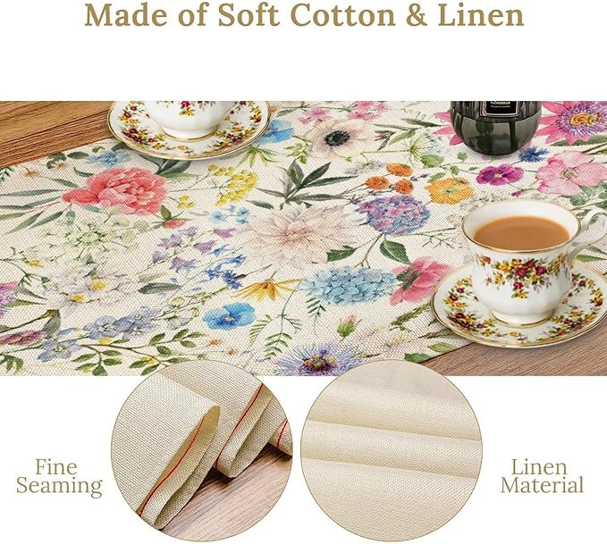 Floral Table Runner Watercolor Peony Rose Flower Kitchen Table Decoration for Indoor and Outdoor Wedding Party 13x60 Inch