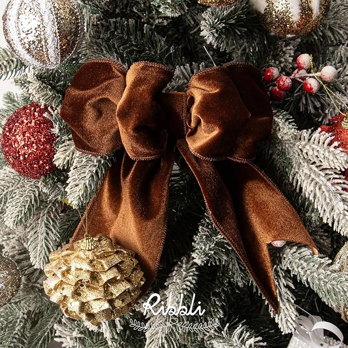 Ribbli Brown Velvet Wired Ribbon 4 Inch Velvet with Satin Christmas Ribbon for Gift Wrapping Christmas Tree Decoration Crafts Wreaths Supplies-Continuous 10 Yards