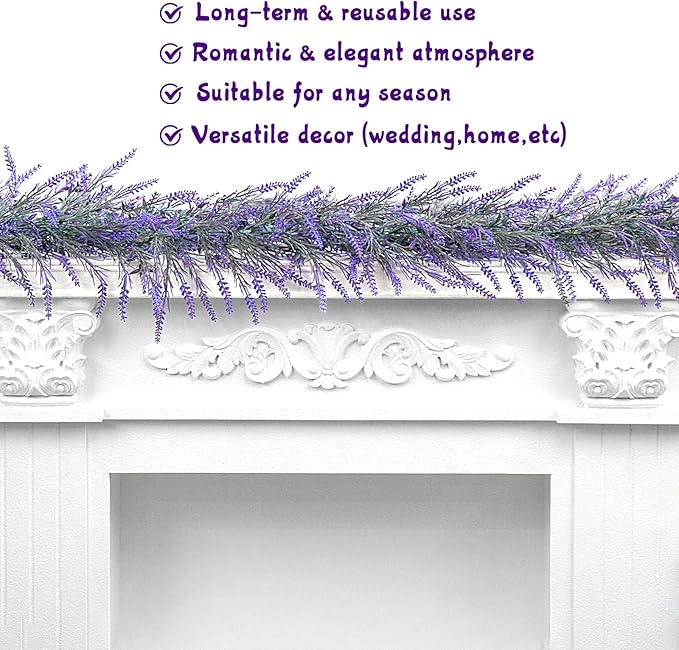 Spring Summer Lavender Garland, 6Ft Purple Lavender Artificial Garland, All Year Lavender Garlands for Farmhouse Wedding Mantle Arch Porch Stair Table Indoor Door Home Decor (1)