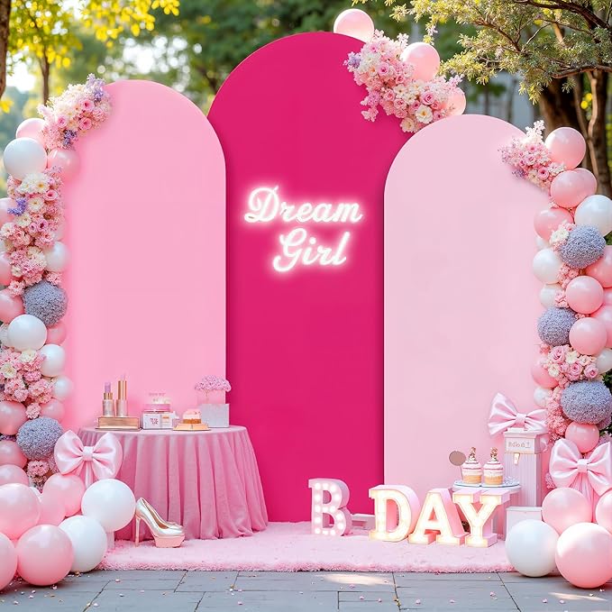 Gradient Pink Arch Backdrop Cover 8FT 7.2FT 6.6FT Arch Covers Stretchy Backdrop Set of 3, Party Arch Cover Spandex Fitted Fabric Hot Pink Wedding Arch Covers for Baby Shower Birthday Party Decoration