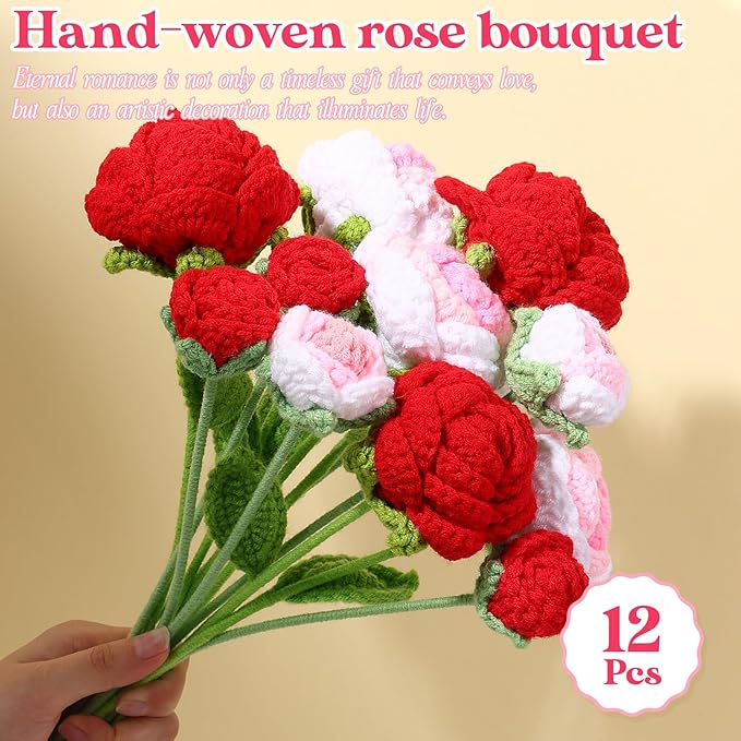 YoungJoy 12 Pcs Crochet Rose Handmade Knitted Flowers Tulip Sunflower Daisy Heart Artificial Knitted Floral Mother Day Graduation Home Decor(Mixed Red Pink Rose)