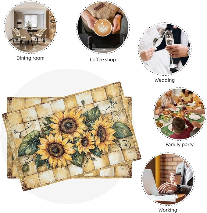 Farmhouse Sunflower Placemats Set of 6, Country Flowers Place Mats, Rustic Yellow Check Dining Table Mats, Washable Placemats for Kitchen Dining Room Home Decor 18L'' × 12W''
