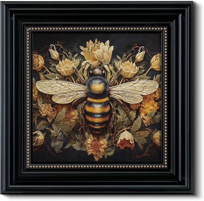 Vintage 3D Textured Bee and Flower Framed Wall Art 16x16 Inch, Square Insect and Floral Sandstone Panel Artwork Botanical Print, Retro Rustic Living Room Bedroom Farmhouse Home Decor