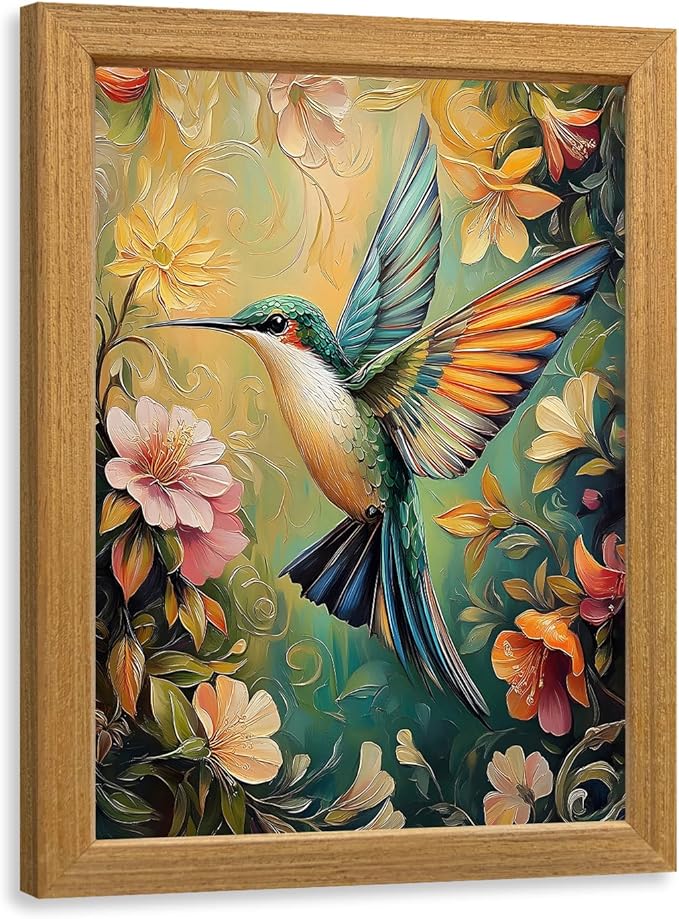LLEEMPI William Morris Wall Art, Vintage Bird Floral Wall Decor, Hummingbird Flower Canvas Painting, Colorful Nature Botanical Aesthetic Picture for Living Room Bedroom Kid Room Wood Framed 8x10 inch