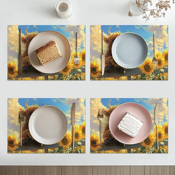 Cute Highland Cow Placemats Set of 4 Washable Table Mats Summer Yellow Sunflower Heat-Resistant Cotton Linen Place Mats for Dining Table Kitchen Indoor Outdoor Party Holiday Decor
