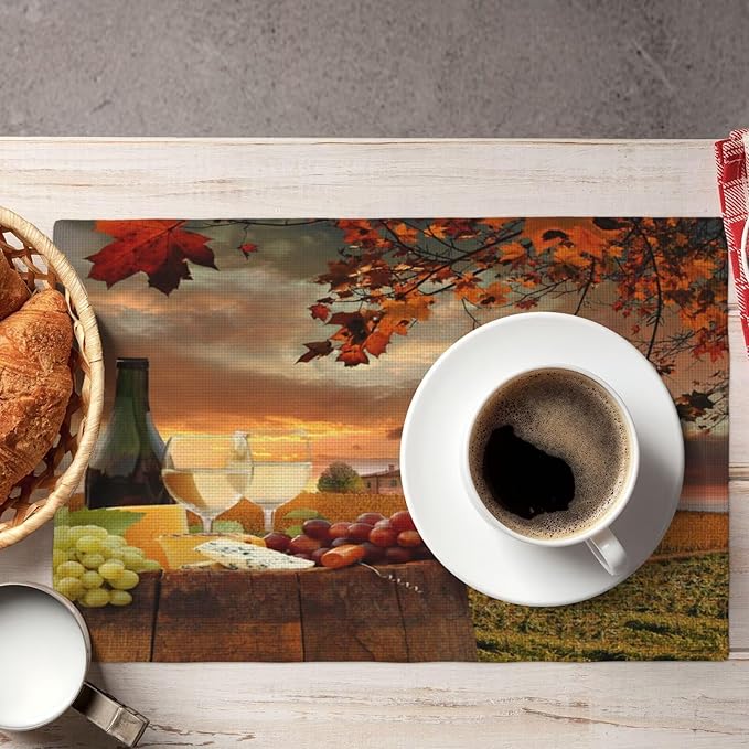 Wine Placemats Set of 6 Romantic Sunset White Wine Linen Placemat Indoor Outdoor Party Home Desktop Kitchen Dining Room Decoration 12x18 Inch