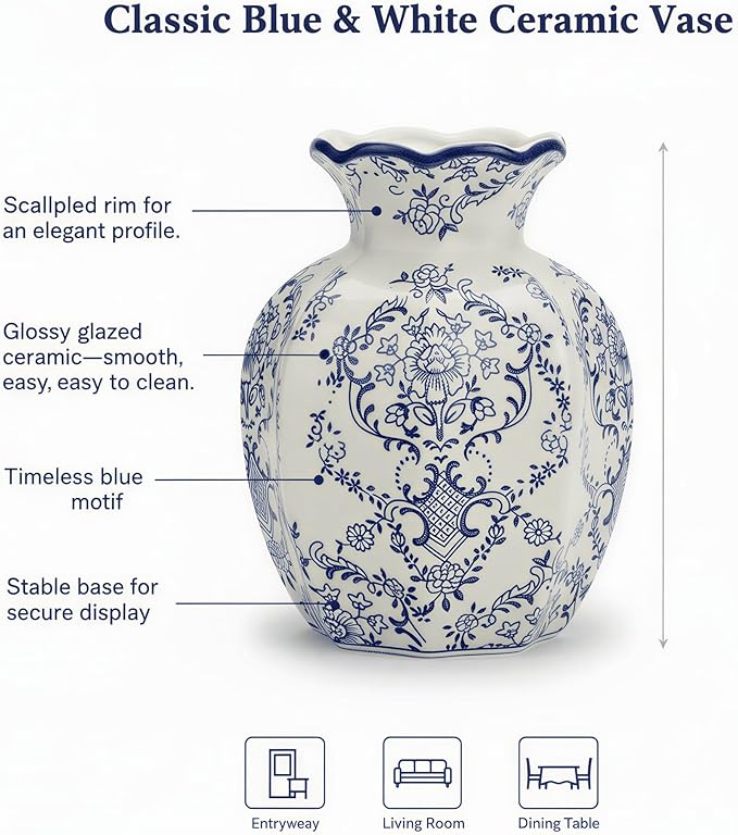5.9-Inch Blue & White Rustic Vintage Ceramic Vase, Aesthetic Farmhouse Pottery Decor for Living Room, Dining Room, Bookshelf & Office