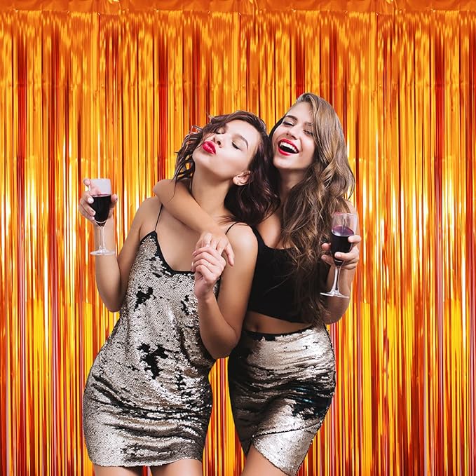 GOER 6.4 ft x 8.2 ft Metallic Tinsel Foil Fringe Curtains,Pack of 2 Party Streamer Backdrop for Birthday,Graduation Decorations and New Year Eve (Orange)