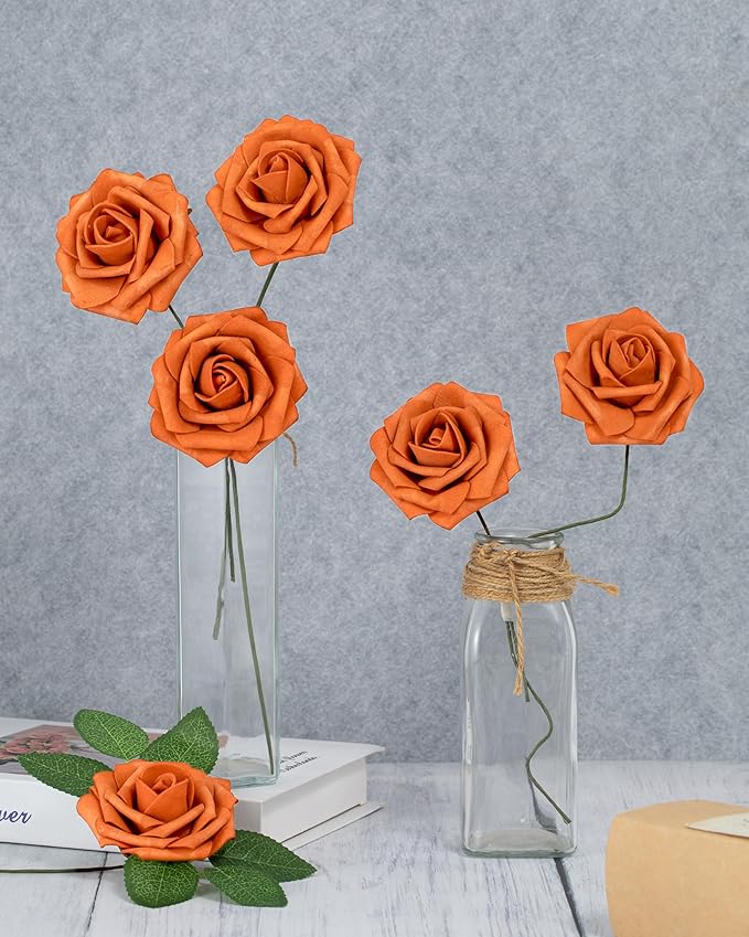 DuHouse 25Pcs Artificial Roses Flowers Fake Rose with Stems Real Touch Foam Flowers for DIY Wedding Bouquet Baby Shower Centerpiece Floral Arrangement Party Home Decor(Burnt Orange)
