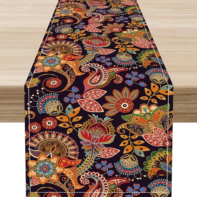 Paisley Table Runner, Rustic Vintage Farmhouse Abstract Boho Floral Leaf Print Table Decor for Home Kitchen Dining Patio Holiday Party Indoor Outdoor Table Decorations 13x72 inch