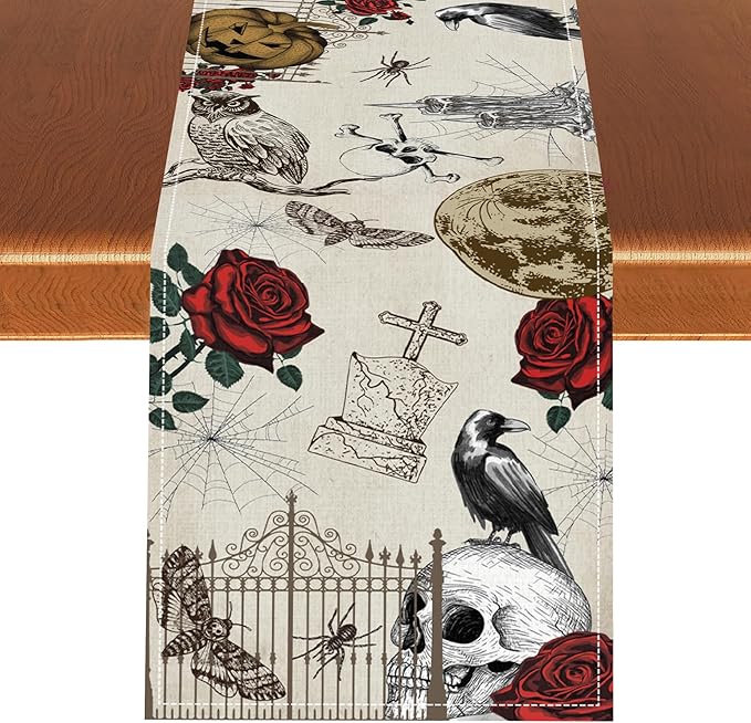 Gothic Floral Table Runner, Retro Dark Skull Crow Vintage Flower Halloween Pumpkin Witchy Coffee Table Center Decor for Home Kitchen Dining Patio Holiday Party Table Decorations 13x72 inches