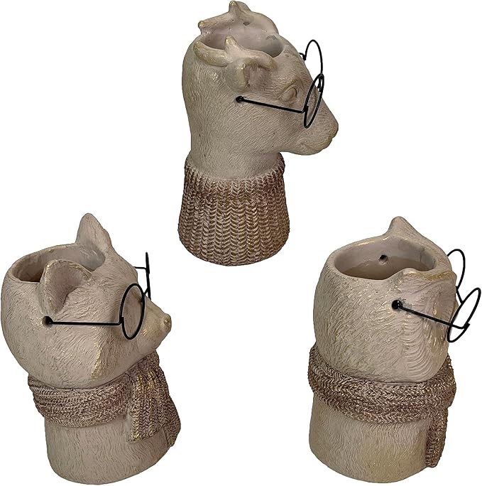 Set of 3 Bespectacled Animal Cement Vases – Fox, Owl, Deer, Gold Accents, Knit Textured Scarves, Real Wire Glasses, Whimsical Decorative Planters for Indoor Plants, Eclectic Gift for Home or Office