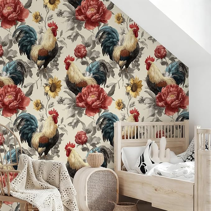 Floral Peel and Stick Vintage Animal Wallpaper Sunflower Rooster Removable Botanical Leaf 17.7" x 118.11" Wall Paper Watercolor Self Adhesive Contact Paper for Farm Bedroom laundry room bathroom