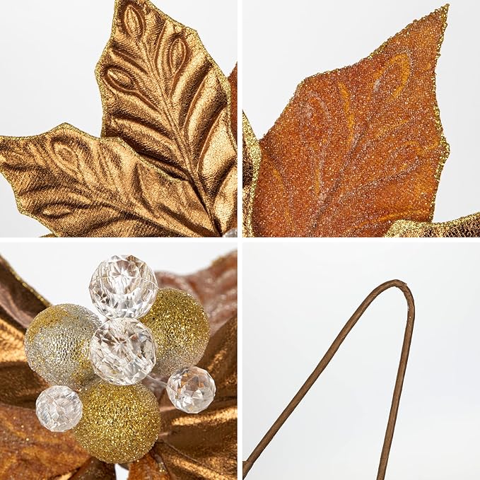 Hollyone 3PCS Poinsettia Christmas Flowers Artificial 11" Large Bronze Glitter Poinsettia Flowers Christmas Tree Ornaments Floral Picks for Tree Wreath Garland Vase Table Centerpiece Home Decor