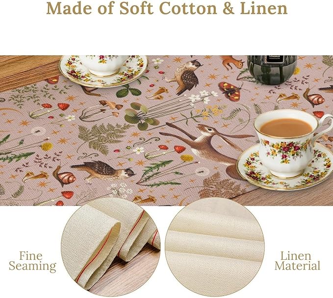 Rustic Forest Table Runner, Farmhouse Pink Woodland Hare Squirrel Owl Flowers Mushroom Print Table Runner for Holiday Kitchen Dinning Table Indoor Outdoor Home Party, 13x90inch