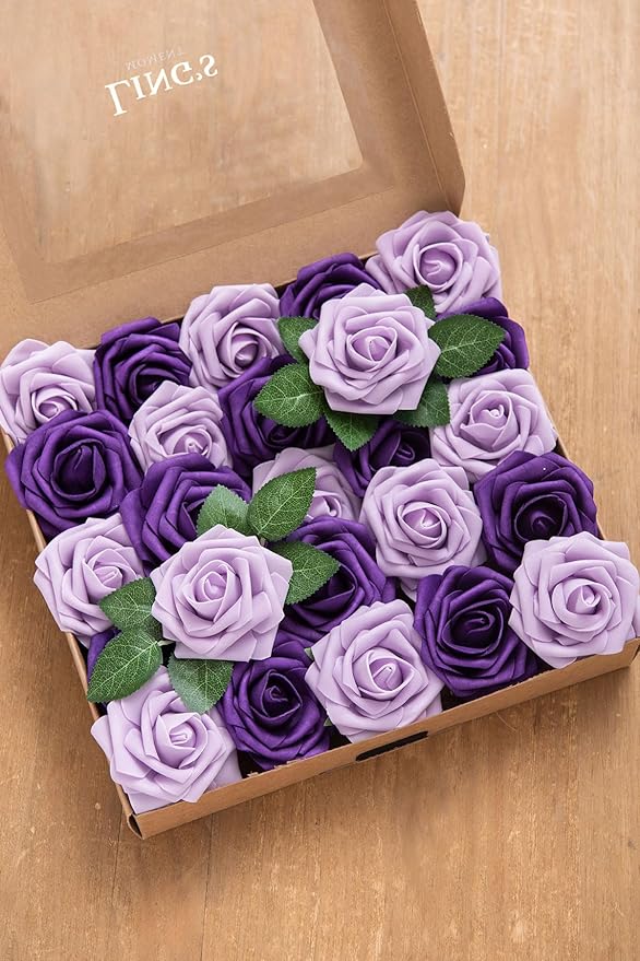 Ling’s Moment Artificial Flowers 25Pcs Purple Roses Decor w/Stems,3" Real Touch DIY Foam Floral for Wedding Bouquet/Centerpieces, Outdoors Party Backdrop, Room/Table, and Garden/Pot Decorations （2023）