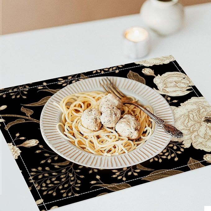 Black Gold Floral Placemats Set of 4, 17x12 Inch Abstract Vintage Rustic Flower Botanical Aesthetic Art Print Table Mats for Home Party Kitchen Dining Decor