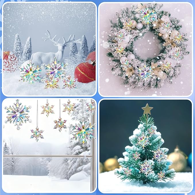 60Pcs Christmas Acrylic Snowflake Ornaments Winter 3D Translucent Snowflake Hanging Ornaments for Tree Crystal Iridescent Pendants with Rope for Holiday Party DIY Decor (Laser)