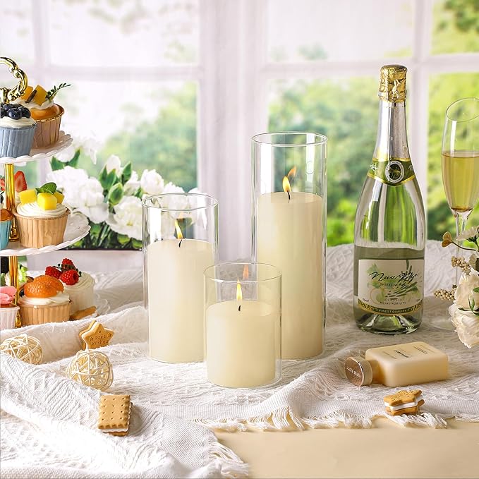 Shihanee 36 Pcs Pillar Candles with Glass Cylinder Vases Tall Hurricane Candle Holders Cylinder Vases for Centerpieces Wedding Party Decor, Total 18 Sets(Clear,Ivory White)