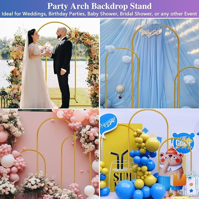 Hemmotop Metal Arch Backdrop Stand Set of 3, 6FT, 5FT, 4FT Party Arch Stands for Wedding, Birthday, Baby Shower, Bridal Shower - Balloon Arched Frame for Garden Decor, Gold Floral Arches, 3 Pieces