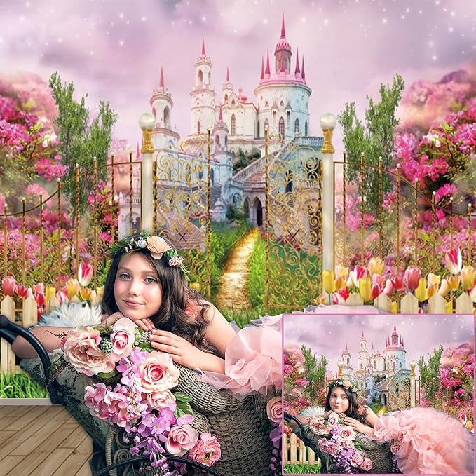 10x8ft Fantasy Castle Wonderland Backdrop Flower Garden Sweet Princess Birthday Party Photography Backdrop Girls Portrait Banner Baby Shower Kids Birthday Party Decorations
