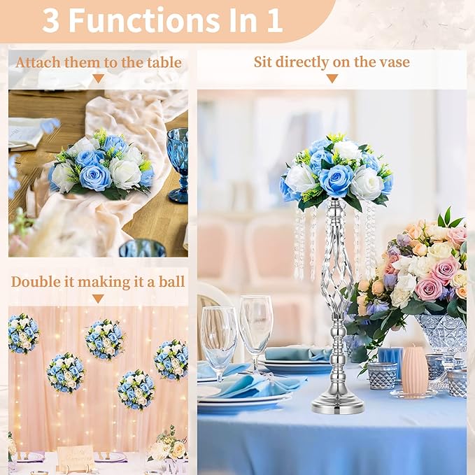 NUPTIO Flower Centerpieces for Wedding Tables: Blue & White Artificial Flower Ball Arrangement for Weddings Party - 2 Pcs Fake Floral Rose for Birthday Bridal Shower Decorations