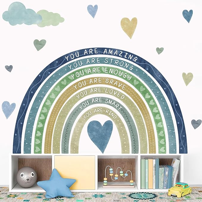 Watercolor Rainbow Wall Sticker Peel and Stick Kids Nursery Wall Decor Stickers Boho Blue Inspirational Walls Decals for Boys Bedroom You Are Decal Motivational Vinyl Art Murals for Baby Room Playroom