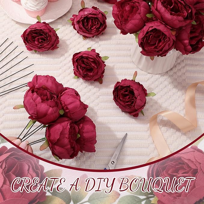 50 Pcs Artificial Peony Flower Bulk 3.5 Inch Silk Peony Flowers Heads with Stems Realistic Fake Roses for DIY Wedding Party Craft Bridal Bouquets Table Centerpieces Vase Home Decor(Burgundy)