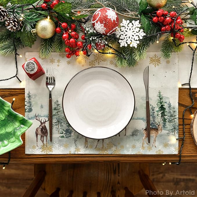 Artoid Mode Watercolor Deer Trees Snowflakes Christmas Placemats Set of 12, 12x18 Inch Seasonal Winter Table Mats for Party Kitchen Dining Decoration