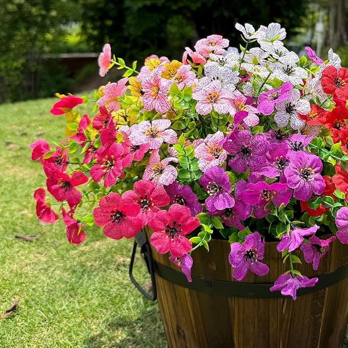 12 Bundles Artificial Flowers for Outdoor,No Fade UV Resistant Fake Flowers,Faux Plants for Outside Hanging Planters,Artificial Plants for Indoor Porch Garden Home Wedding Decor(6 Color)