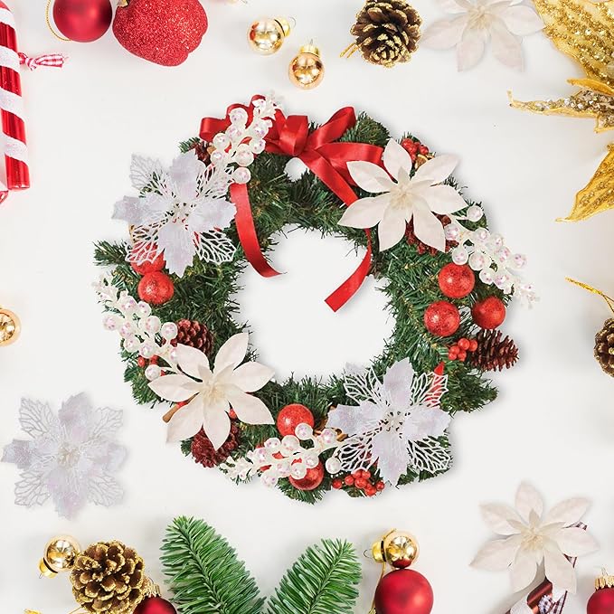 24Pcs White Glitter Poinsettia Christmas Tree Ornaments and Glitter Berries Stems, 16Pcs Christmas Artificial Flowers and 8 Pack Christmas Tree Picks for Wedding Holiday Decorations
