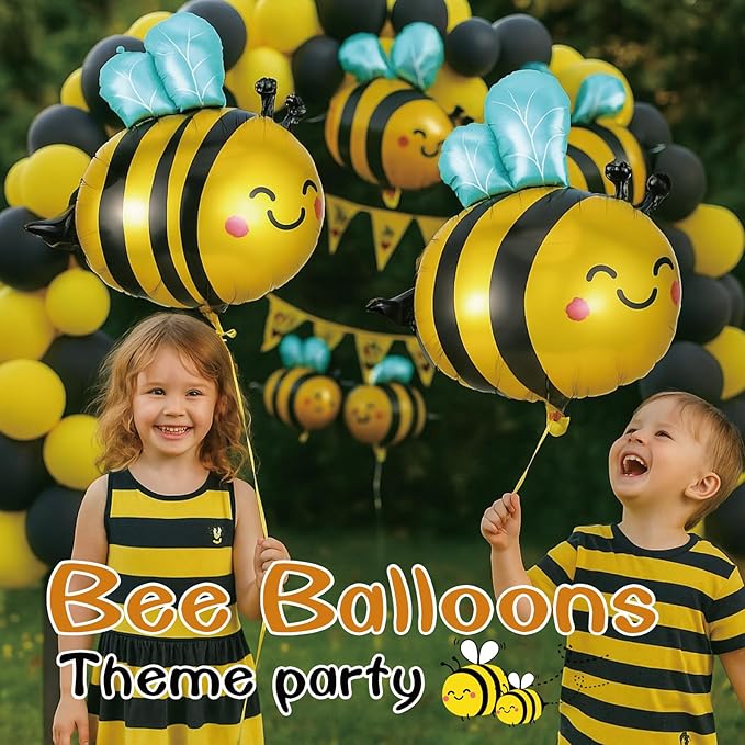 16 Pack Bee Balloons Smile Face Bee Foil Mylar Balloons For Baby Shower & Birthday Party & Bee Party Decorations Black Bee Honeycomb Theme Fall Balloon Arch Kit
