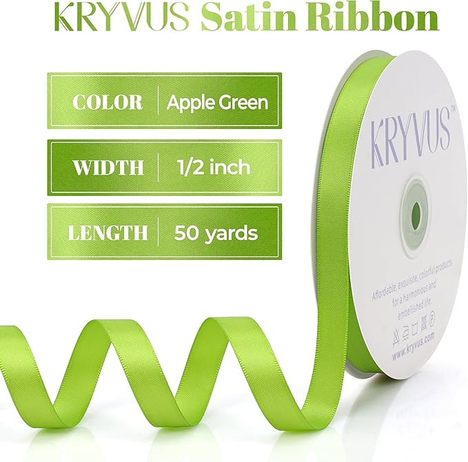 Apple Green Satin Ribbon, Double Faced 1/2 Inch X 50 Yards Apple Green Ribbon, Premium Satin Ribbon for Gift Wrapping, Crafts, Hair Bow Making, Sewing, Flower Bouquet, Wedding Party Decor